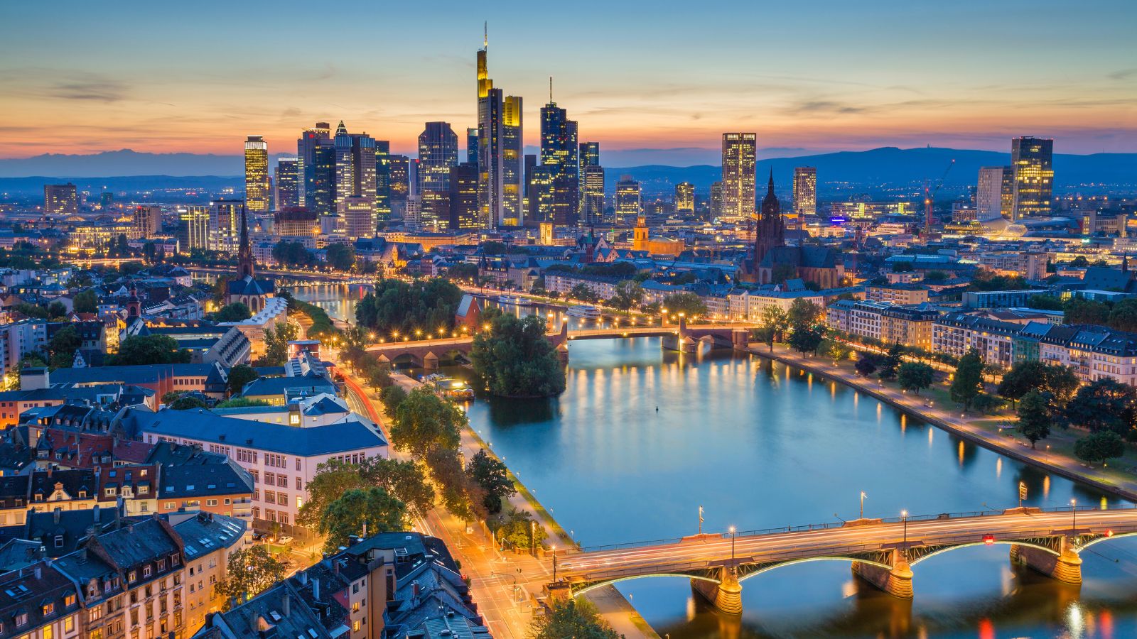 Frankfurt am Main skyline during twilight blue hour.