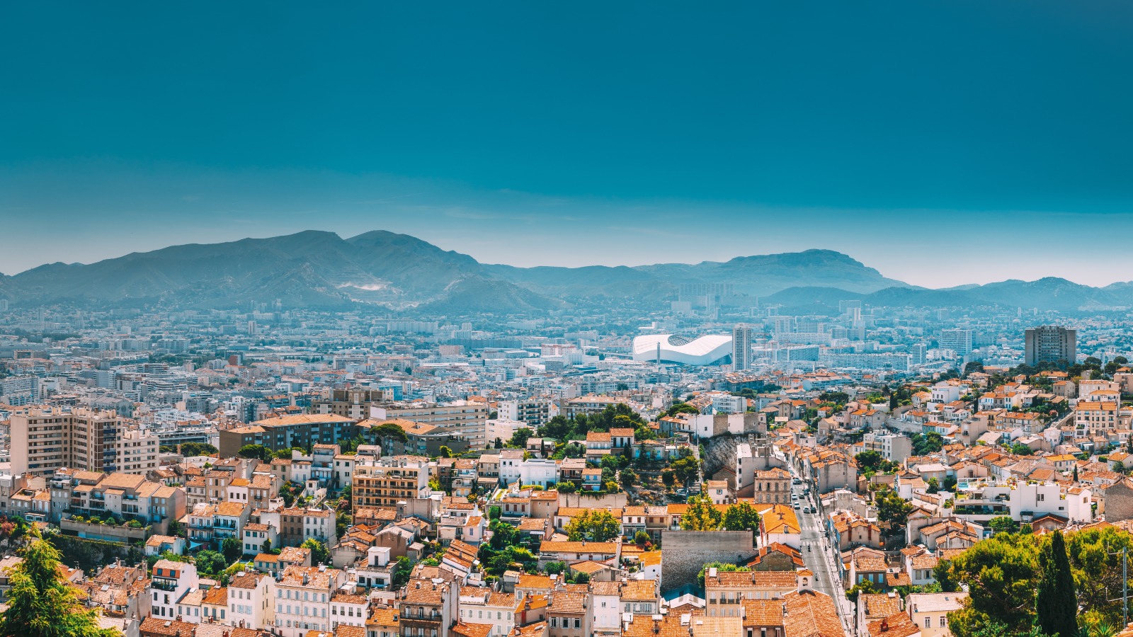 Urban panorama, aerial view, cityscape of Marseille, France