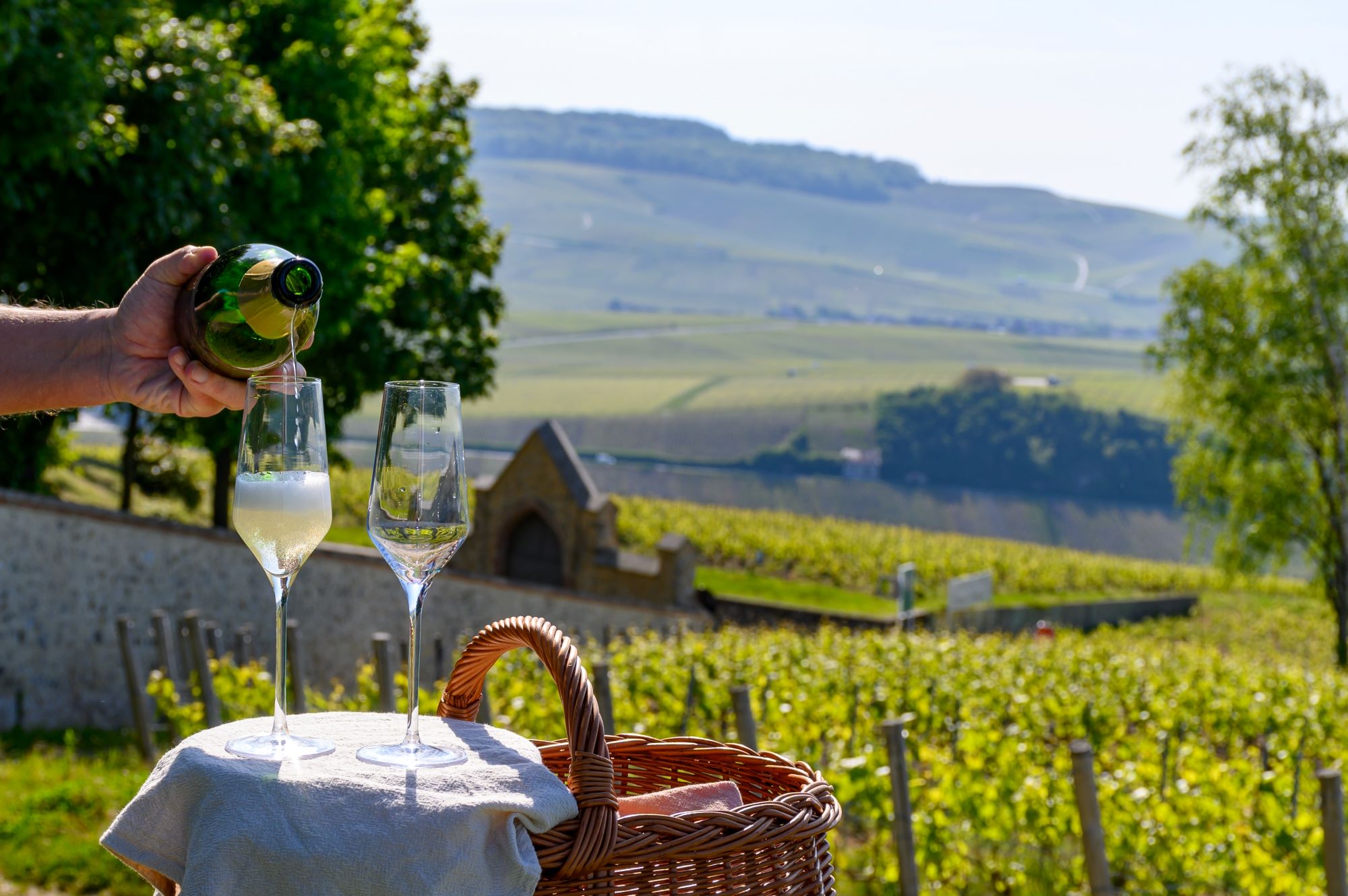 Pouring two glasses of champagne in a French vineyard