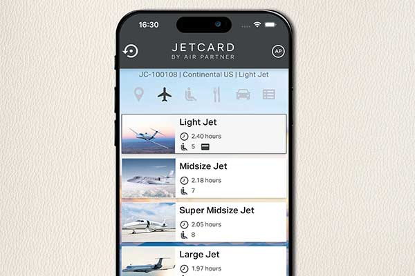 JetCard App private jet cabin categories