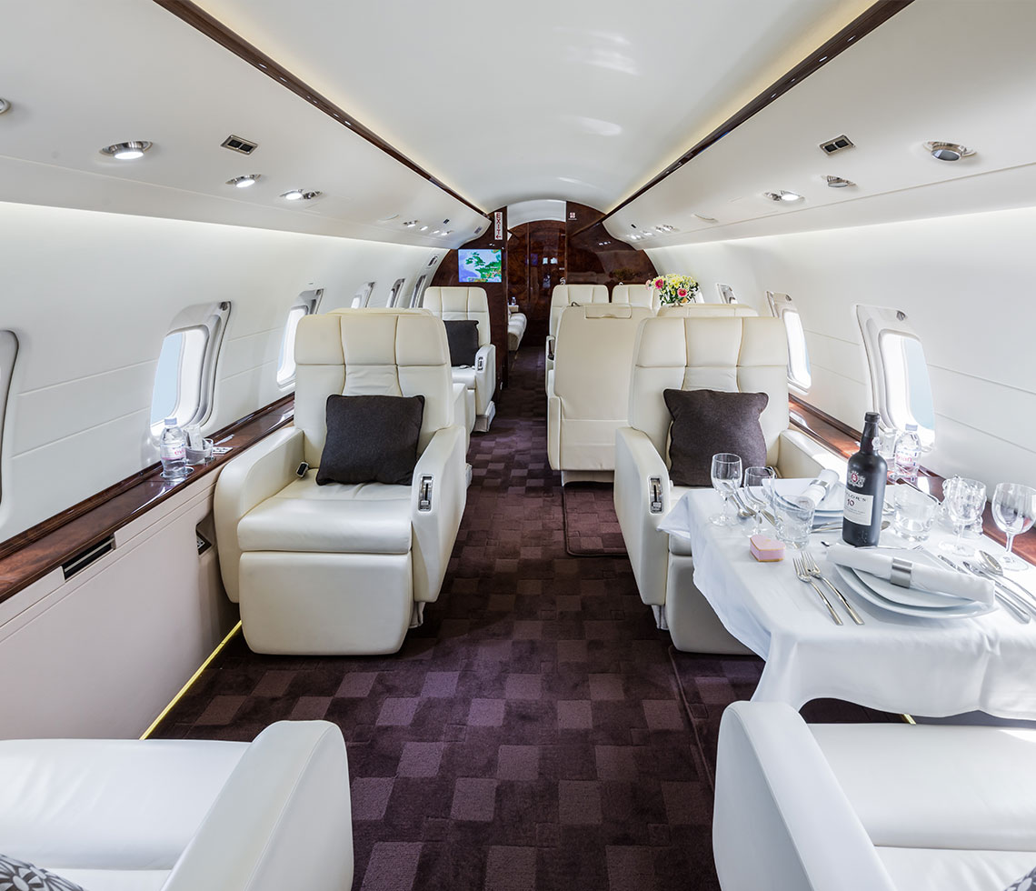 Bombardier Challenger 850 private jet interior with decor