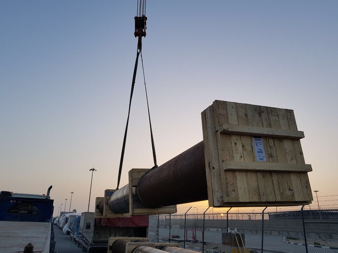 underwater gas pipeline being lifted from the transport vehicle